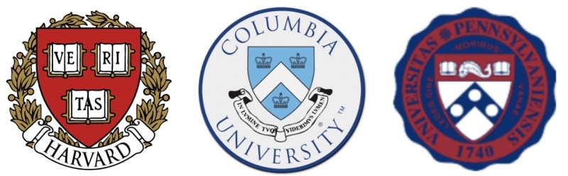 Logos from Harvard College, University of Pennsylvania, and Columbia University
